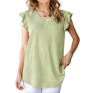 Women's Ribbed Knit V Neck Blouse Ruffle Cap Sleeve Casual Loose Fit Tunic Top