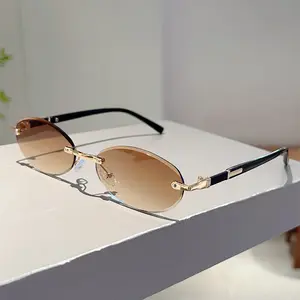 New frameless cut edge oval small frame fashionable sunglasses with European and American trendy internet celebrities, the same high-end sunglasses