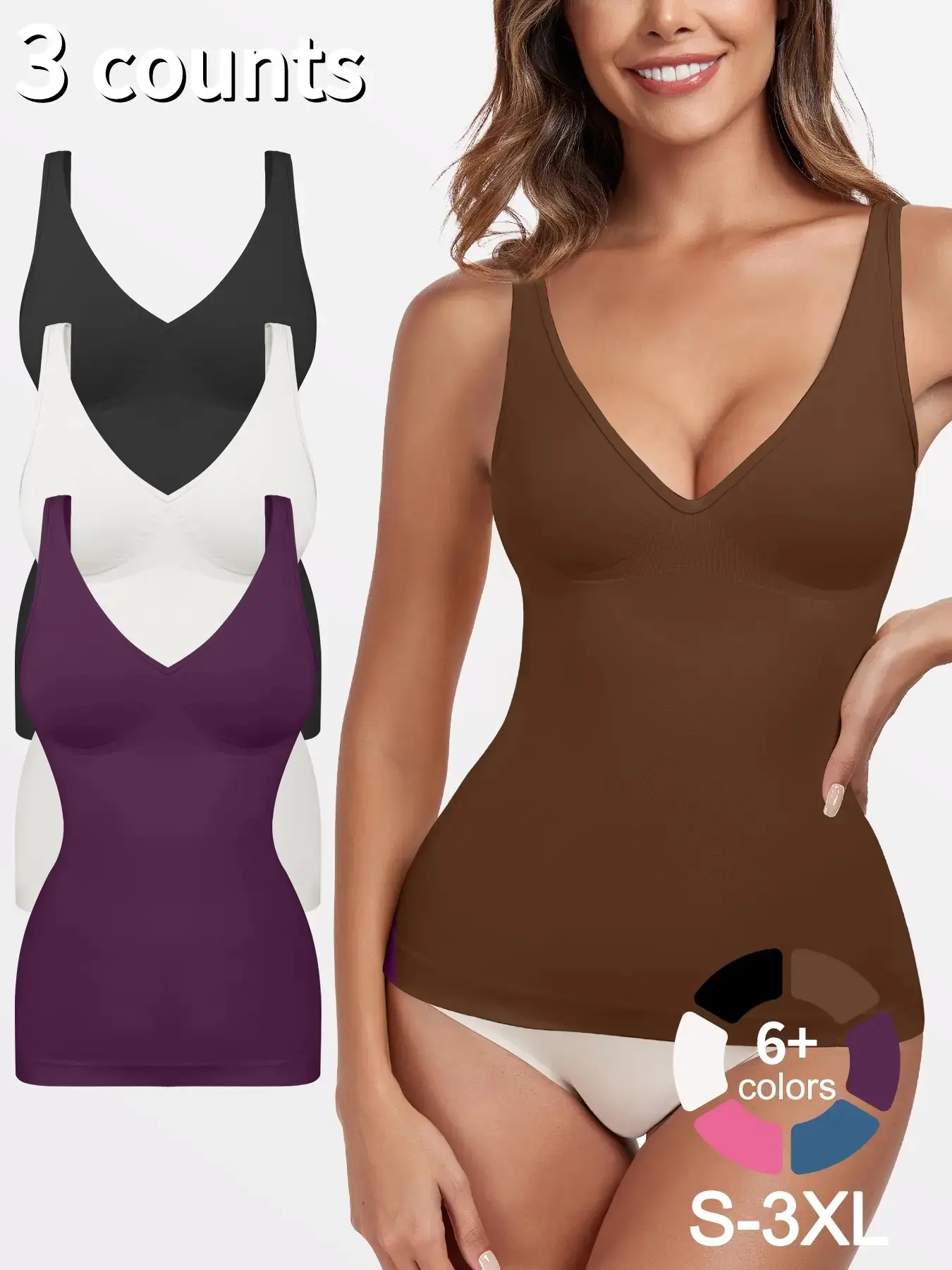 Women's 1/2/3 Pcs Shapewear Body Shapers Tank Top Deep V Neck Tummy Control Seamless Slim Fit Compression Top, Casual All-Seasons Undergarment, Body Shaping Underwear, Moderate Fabric Thickness