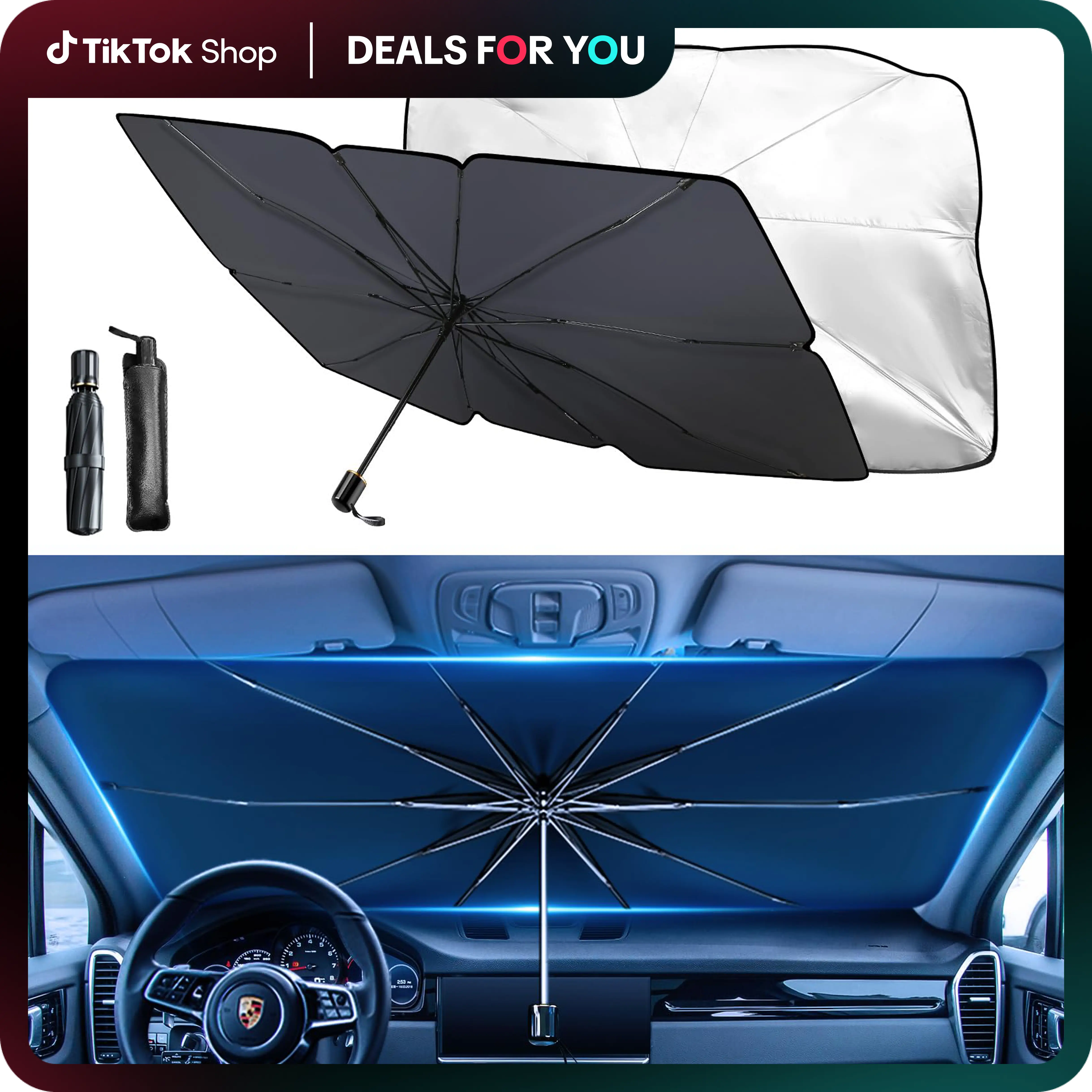 Folding Anti-UV Windshield Sunshade Umbrella 99% UV Block Reduces Heat Universal Fit for Sedans SUVs Easy Fold Multi-Functional Auto Accessory， car wi