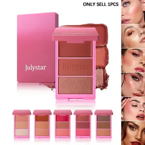3-In-1 Multi-Finish Face Trio Palette, Satin Cream Blush, Velvet Powder Contour, Brightening Highlighter, Metallic Finish, All-In-One Cheek Makeup, Glow