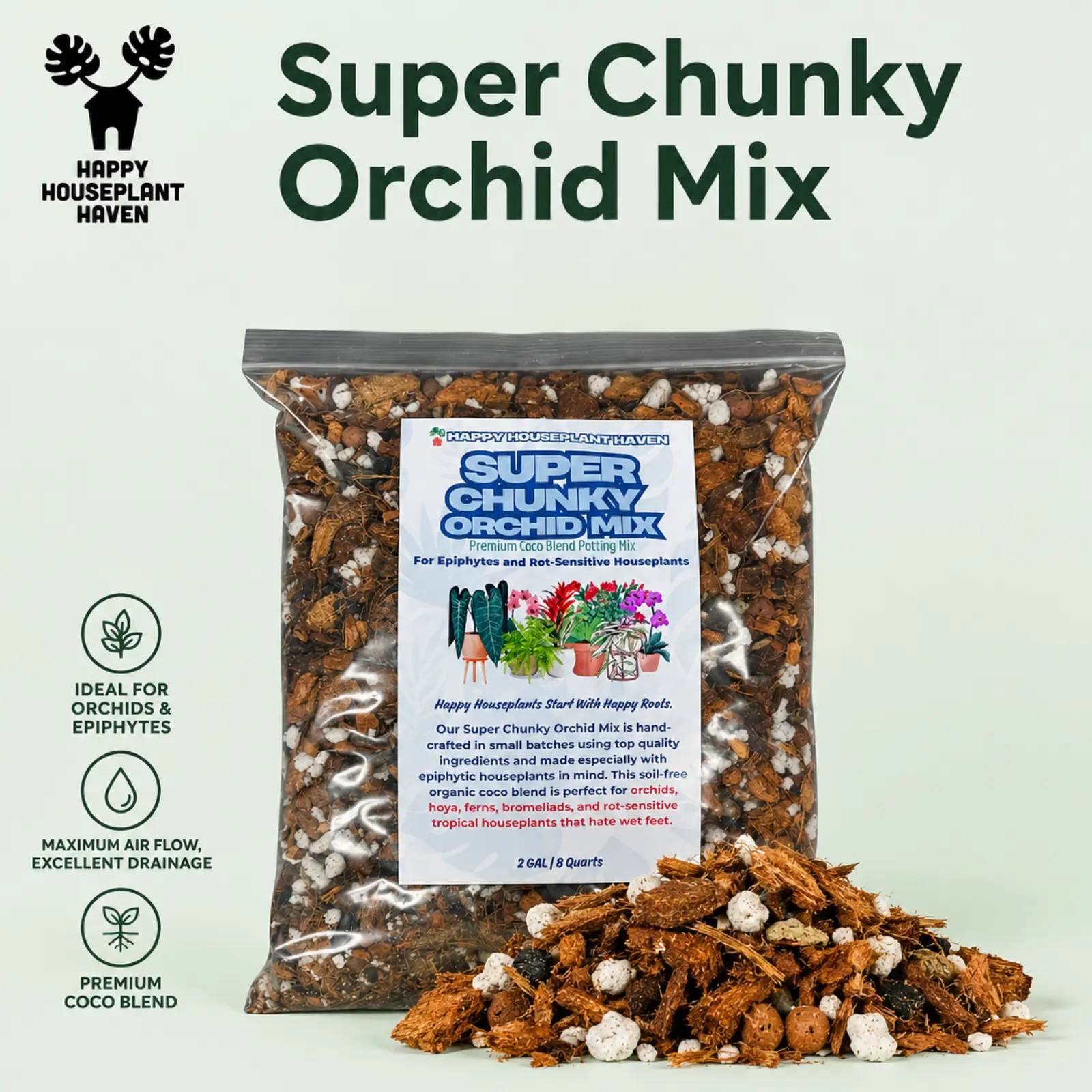 Happy Houseplant Haven Super Chunky Orchid Mix | Coco Husk Chunky Potting Mix for Orchids, Hoya, Bromeliads & Epiphytic Houseplants | 1GAL, 2GAL, 4GAL