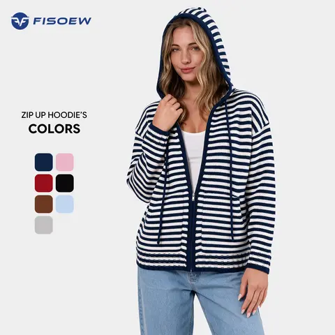 Fisoew Womens Striped Zip Up Hoodie Long Sleeve Cardigan Sweatshirts Oversized Crop Sweaters Jackets Y2K Fall Outfits SohoChic