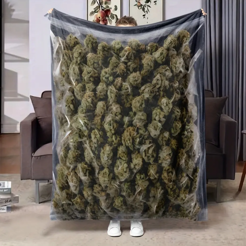 Novelty Blanket, Dank Weed Themed Plush Blanket, Green Plant Sealed Bag Themed Blanket, Weed Decor Flannel Blanket, Gift Blanket - Ultra Soft, Breathable, Nap Blanket, Suitable for Office, Home, Car