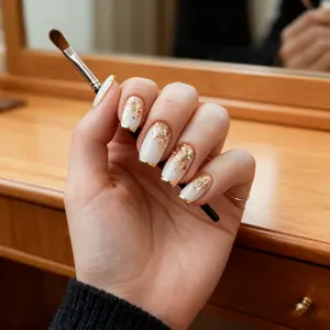 Medium Square Press on Nails White Fake Nails with Gold Glitter Design Acrylic Full Cover Stick on False Nails for Women Fall Manicure  Medium Square False Nails Golden Smudge Design Artificial Stick on Nails Glossy Coffin Nail Reusable Acrylic Nail 24Pcs