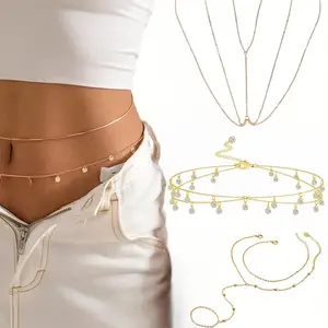 3pcs Golden Sexy Body Chains for Women, Layered Crossover Bikini Bra Body Jewelry, Summer Beach Belly Waist Chain Bracelet, Suitable for Taking Photos And Wearing As a Birthday Gift, Valentine'S Day Gift