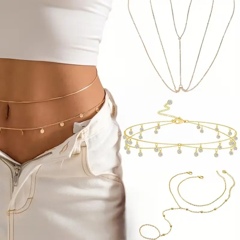 3pcs Golden Sexy Body Chains for Women, Layered Crossover Bikini Bra Body Jewelry, Summer Beach Belly Waist Chain Bracelet, Suitable for Taking Photos And Wearing As a Birthday Gift, Valentine'S Day Gift