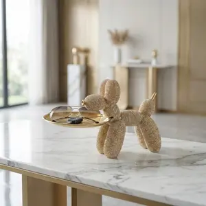 Golden Balloon Dog Tray Resin Statue, Beaded Textured Poodle Decor, Luxury Jewelry Storage Tray, Modern Home Accent, Entryway Key Bowl Ornament