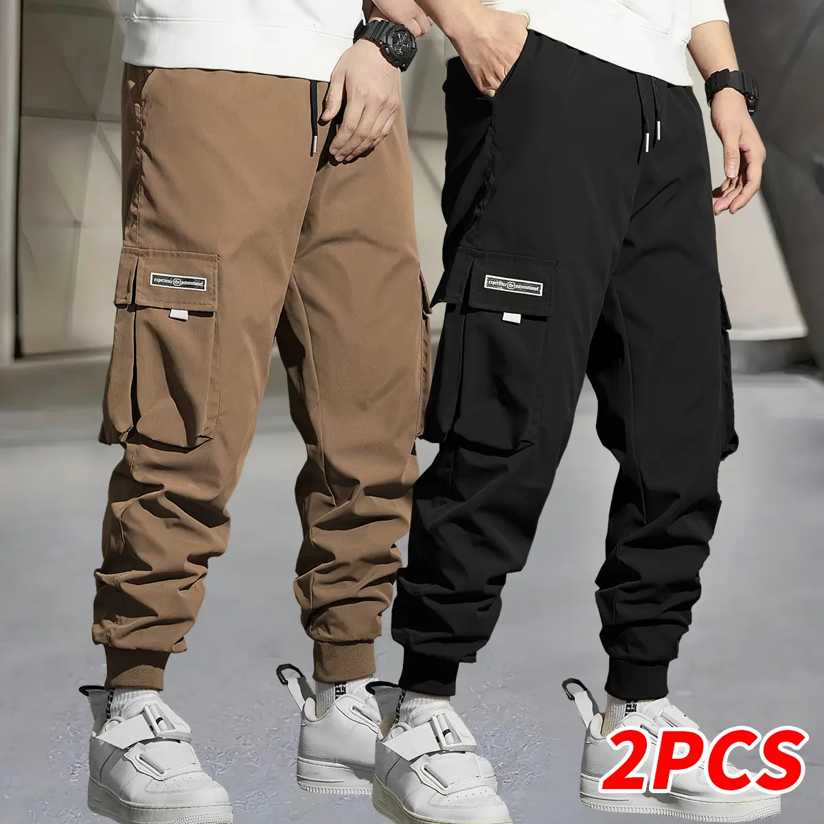 Men’s cargo pants with cuffs, elastic waistband, slim fit for outdoor wear; motorcycle pants style suitable for autumn/fall and spring/winter; durable, multi-pocket design; solid color; ideal for work, hiking, and long walks; suitable for spring/spring an