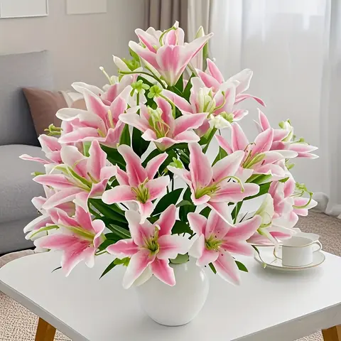 Lily Artificial Flower Bouquet, 1 Head 18 Branches, UV Resistant Realistic Fake Flowers, Artificial Flowers Plants, Home Decor & Special Occasions, No Vase Included