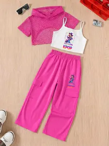 Girls' 3-Piece Fashion Set, Hooded Mesh Top + Strapless Tank Top + Sporty Pants, Cartoon Print, Perfect for Outdoor Activities