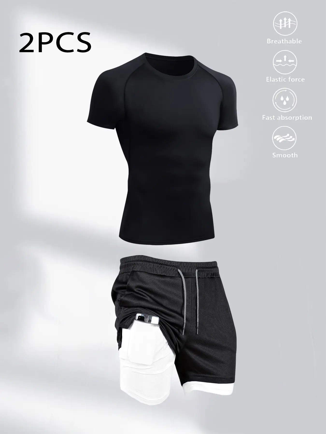 Men's Sporty Tight-Fit Quick-Dry Tee & Multi-Pocket Shorts Set, Sports Set, Sports Wear Set, Gym Apparel, Fitness Clothes, Activewear Clothes, Ideal for Gym Running Training Fitness, Summer Outdoor Activities