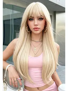 613 Blonde Wig with Bangs for Women, 28 Inch Long Straight Synthetic Wig, Natural Looking, Heat Resistant, Daily Party Cosplay