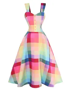 RETRO STAGE Women's 1950s Heritage-Inspired Old-Fashioned Checkered Casual Dress, Strappy Wide-Strap Sleeveless Colorful A-Line Dress, Checkered Casual Dresses