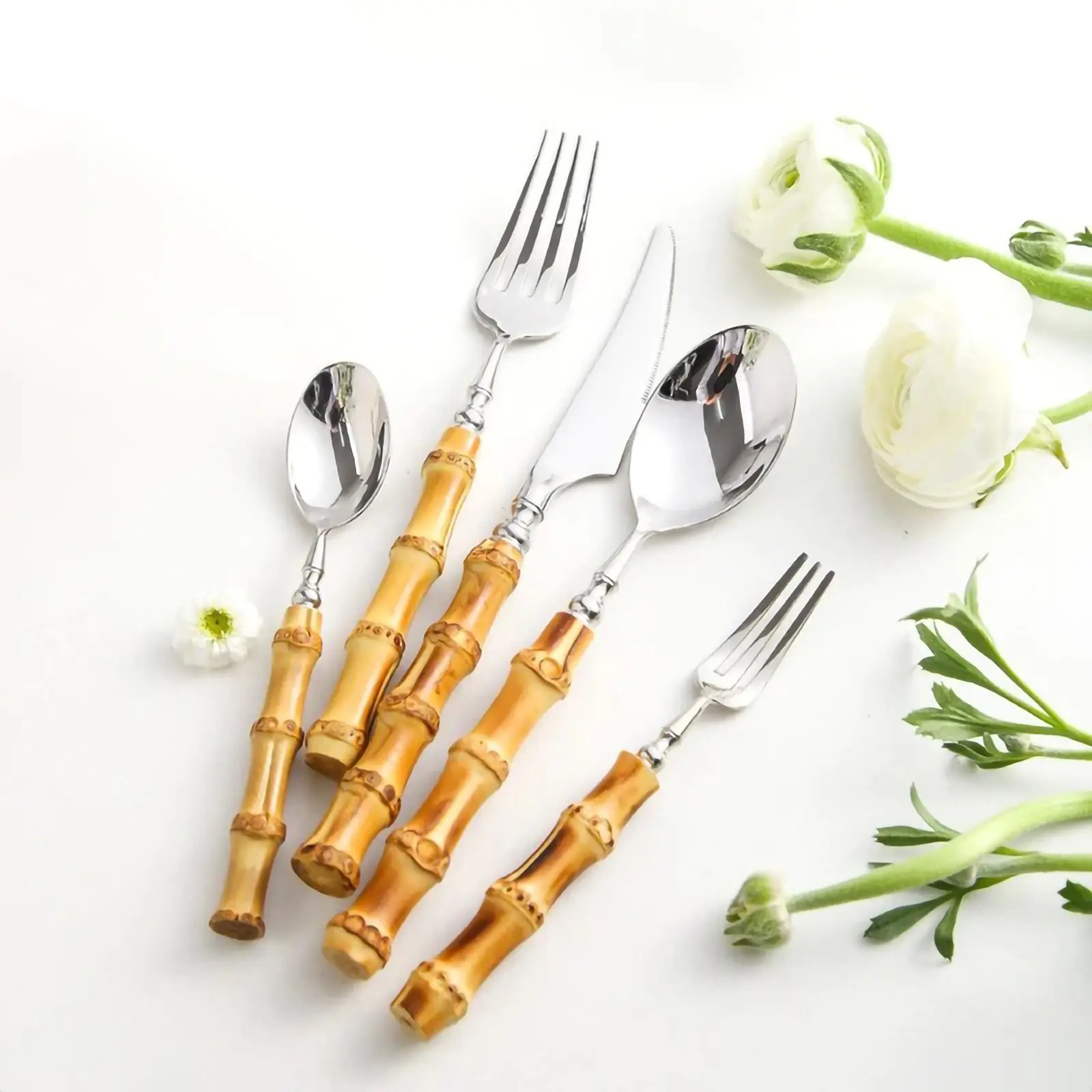 30 Piece Bamboo Silverware Set, Natural Bamboo 30 Piece Flatware Cutlery Set Service for 6, 304 Stainless Steel Silver Head with Bamboo Handle, Include knife Fork Spoon Utensil for Daily Use/Camping/Party (6 SET-30 PIECE)