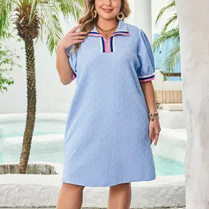 Plus Size Contrast Striped Trim Zipped Stand Collar Textured Puff Sleeve T Shirt Dress,Size S-4X
