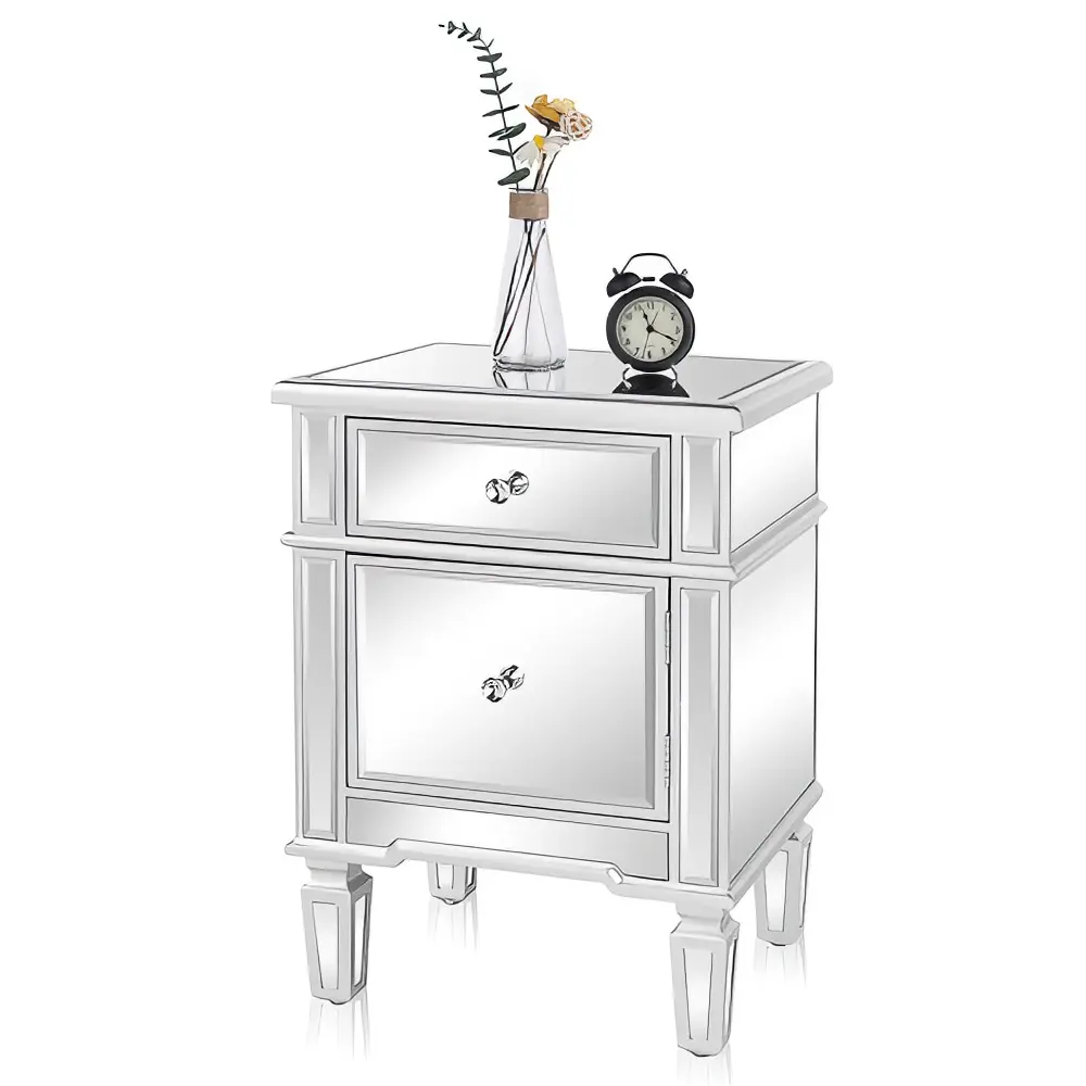 Karlhome Silver Mirrored Nightstand - MDF Frame with Mirror Surface, 1 Drawer 1 Door Storage Cabinet, Modern Glam Silver Tables & Desks for Bedroom Dorm Room