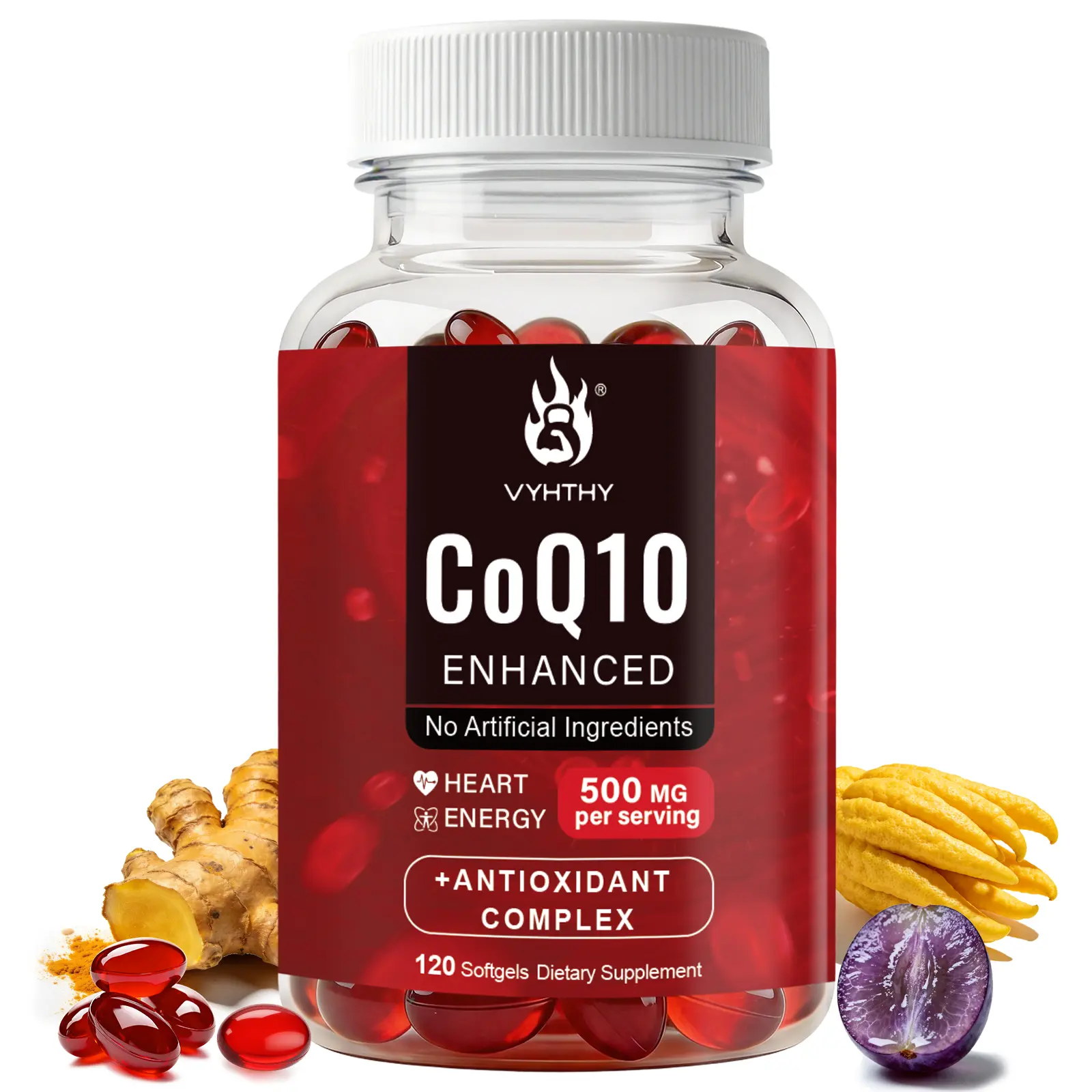 VYHTHY CoQ10 500mg Softgels with Citrus Bergamot & Trans-Resveratrol - High Potency Coenzyme Q10 Ubiquinone Supplement for Heart Health, Cellular Energy & Antioxidant Complex Support - 120 Softgels
