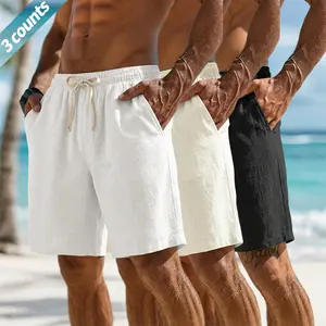 3-pack men’s summer beach shorts with elastic drawstring waist, casual shorts with side pockets, lightweight, breathable, loose fit—suitable for vacations, travel, and everyday wear
