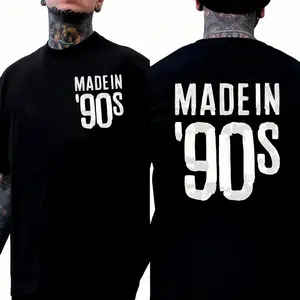 90s Retro Letter Double-Sided T-Shirt Simple Style High-End Sense Commuting Sports Leisure Street Wear Unisex Tops Made in '90s Bold Statement Piece Versatile Cotton Material Round Neck Top Black Cardigan graphic tee 90s graphic tees