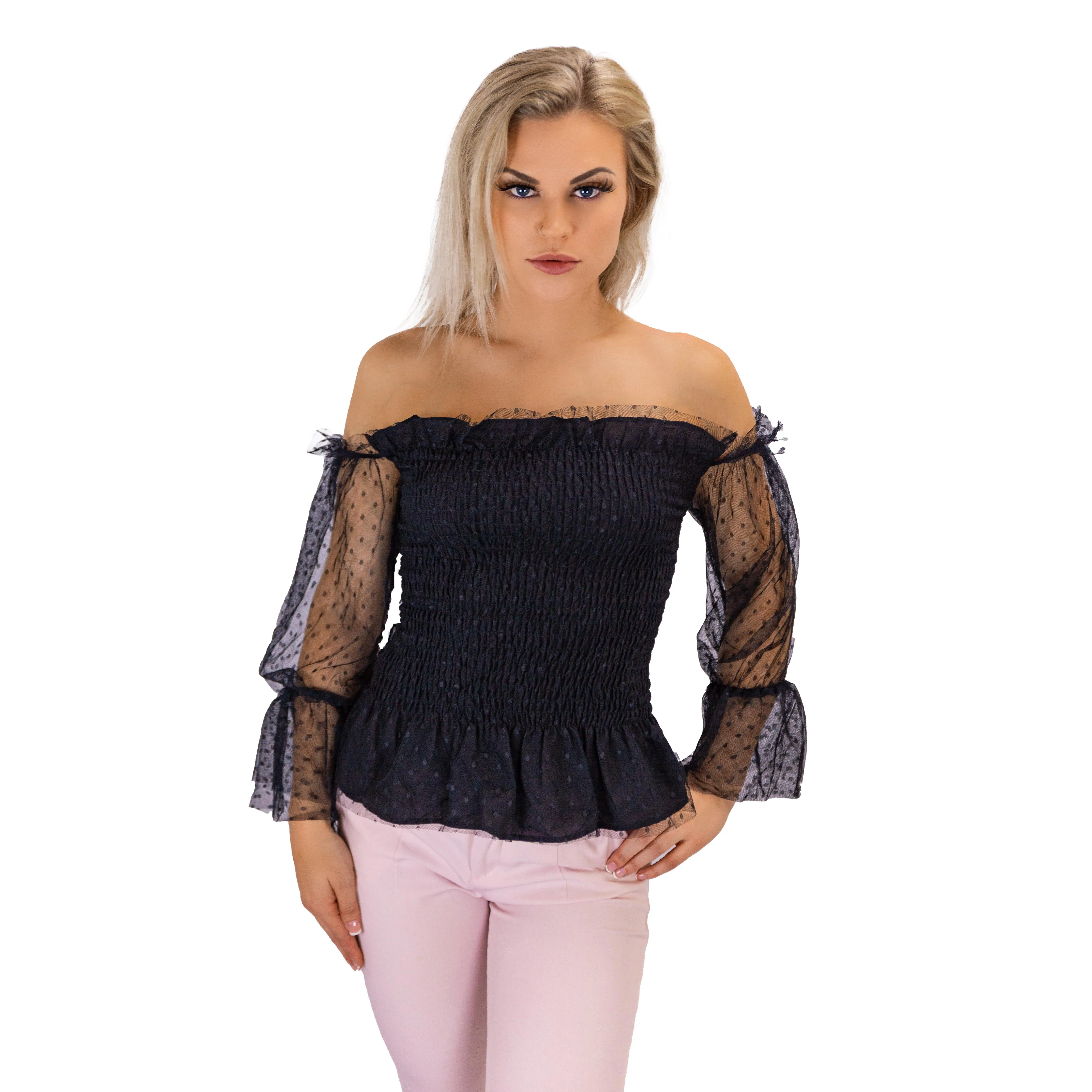 Off Shoulder Black Top With Puff Sleeve