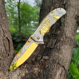 Men's Pocket Knife, Folding Knife with Clip, 3D Titanium Plated Wolf/ deer/ eagle/ skull Relief, Embossed Men's Knife, Outdoor Camping Hiking Hunting. Father's Day Gift, Christmas Gift, Birthday Gift