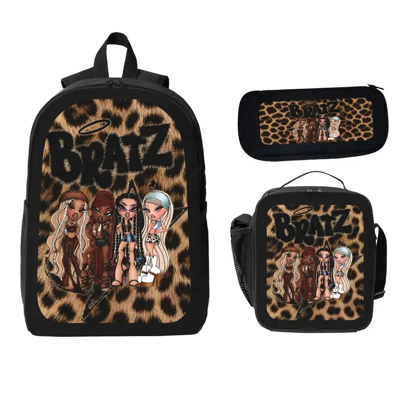BRATZ 3-Piece Durable Polyester Backpack Set - Large Capacity, Lightweight Bookbag, Lunch Bag, Pencil Case with Y2K Leopard Graphic for Girls Students - Back To School, Travel Gym Shoulder Bag