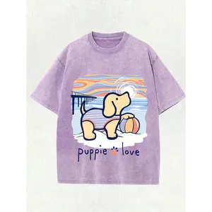 Men's Vintage Beach T-Shirt - Lavender Puppy Love Graphic Tee - Heavyweight 220gsm Washed  Shirt - Relaxed Fit Casual Summer Top for Everyday & Coastal Outings - Machine Washable Retro Streetwear, Playful Design, Comfortable Wear