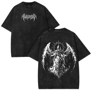 Vintage Washed Oversized Graphic Tee Gothic Fallen Angel Shirt Unisex Heavyweight Cotton Streetwear Y2K Grunge T-Shirt Alt Clothing Gym Pump Cover For Men Women Casual Edgy Fashion Retro Metal Apparel Dark Aesthetic Graphic Everyday Wear Tops Gift