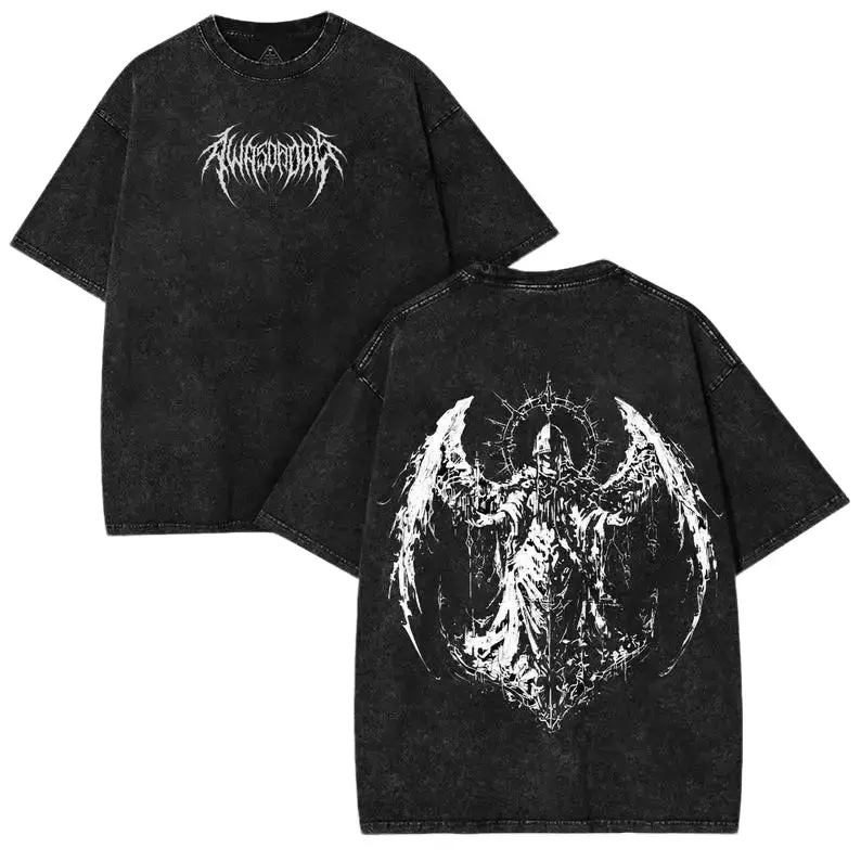 Vintage Washed Oversized Graphic Tee Gothic Fallen Angel Shirt Unisex Heavyweight Cotton Streetwear Y2K Grunge T-Shirt Alt Clothing Gym Pump Cover For Men Women Casual Edgy Fashion Retro Metal Apparel Dark Aesthetic Graphic Everyday Wear Tops Gift