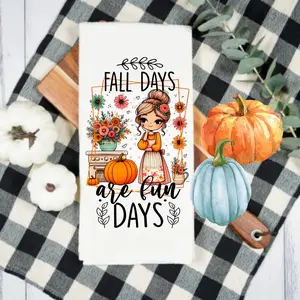 Fall Days Are Fun Days Kitchen Towel with Autumnal Design Featuring Pumpkins and Floral Elements
