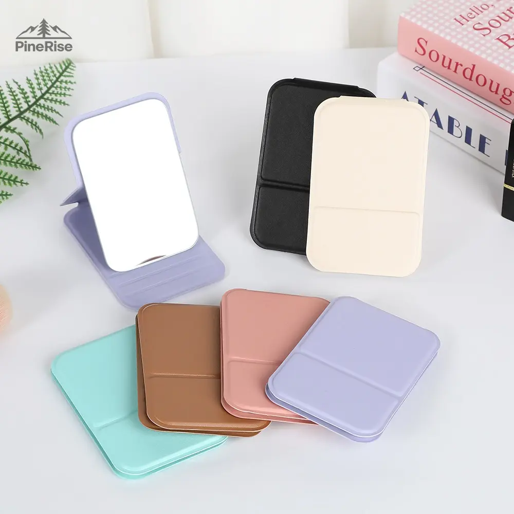 PineRise Portable Makeup Mirror - Simple, Foldable, Lightweight, Compact Desktop Vanity Mirror for Travel, Dormitory Use (On-The-Go Single Item) Khaki, Portable Folding Mirror, Travel Size