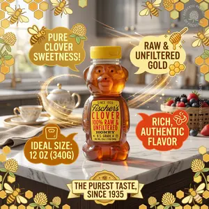 Fischer's Clover Honey, 12 Oz – 100% Pure, Raw & Unfiltered Honey – Squeezable Bear Bottle – Gluten-Free, Non-GMO – All-Natural Sweetener