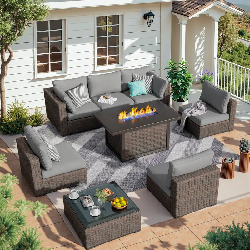 Gaptainer 8-Piece Armless All-Weather PE Rattan Patio Furniture Set - Rust-Proof Steel Sectional Sofa, Fire Pit Table, Glass Top, 4" Thick No-Slip Cushions, Removable Covers (Assembly Required) for Garden Party, Outdoor Dining, Rattan Conversation Sets fa