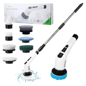 Electric Spin Scrubber with 7 Replaceable Brush Head，Shower Scrubber with Long Handle,7 in 1 Cordless Cleaning Brush，Power Shower Scrubber for Bathroom, Tub, Tile, Floor, Kitchen, Window,Black