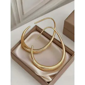 14K gold-plated teardrop-shaped ladies' earrings, U-shaped large oval pierced earrings, high-gloss polished signature ladies' jewelry, suitable for daily and festive wear.