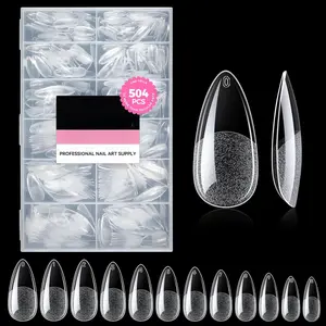 Almond Gel Nail Tips, 504PCS Pre Etched Clear Fake Nails Tips Medium Almond Shape - 12 Sizes Full Cover Soft Acrylic Press On Nail Extensions No C Curve Gift for Diy at Home