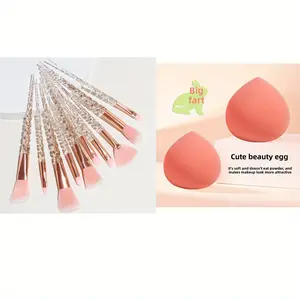 10PCS Pink Crystal Makeup Brush Set with Spiral Soft Bristles 2PCS Cute Big Peach Beauty Blenders Diamond Powder Brushes Ultra Soft Non Absorbing Makeup Sponges for Precision Application