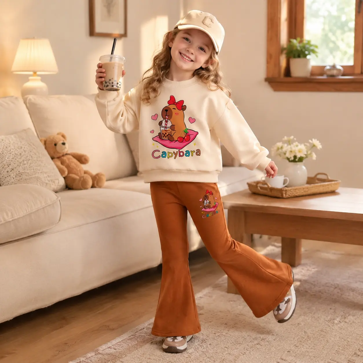Little Girls 2-Piece Capybara Boba Sweatshirt and Flare Pants Set, Cream Long Sleeve Graphic Pullover with Brown Bell Bottom Trousers, Trendy Kawaii Streetwear for Kids 4-7 Years Old Fashion Sweatsuit
