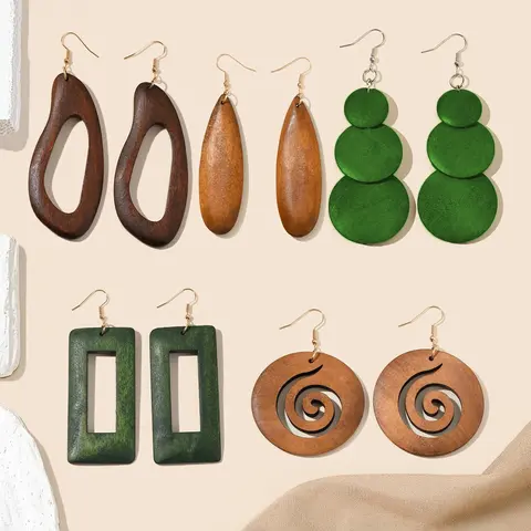 Wooden Geometric Design Dangle Earrings, Fashion Jewelry for Party & Daily Wear, Trendy Accessories, Birthday Gift, Fashionable Jewelry Accessories, Earrings Set
