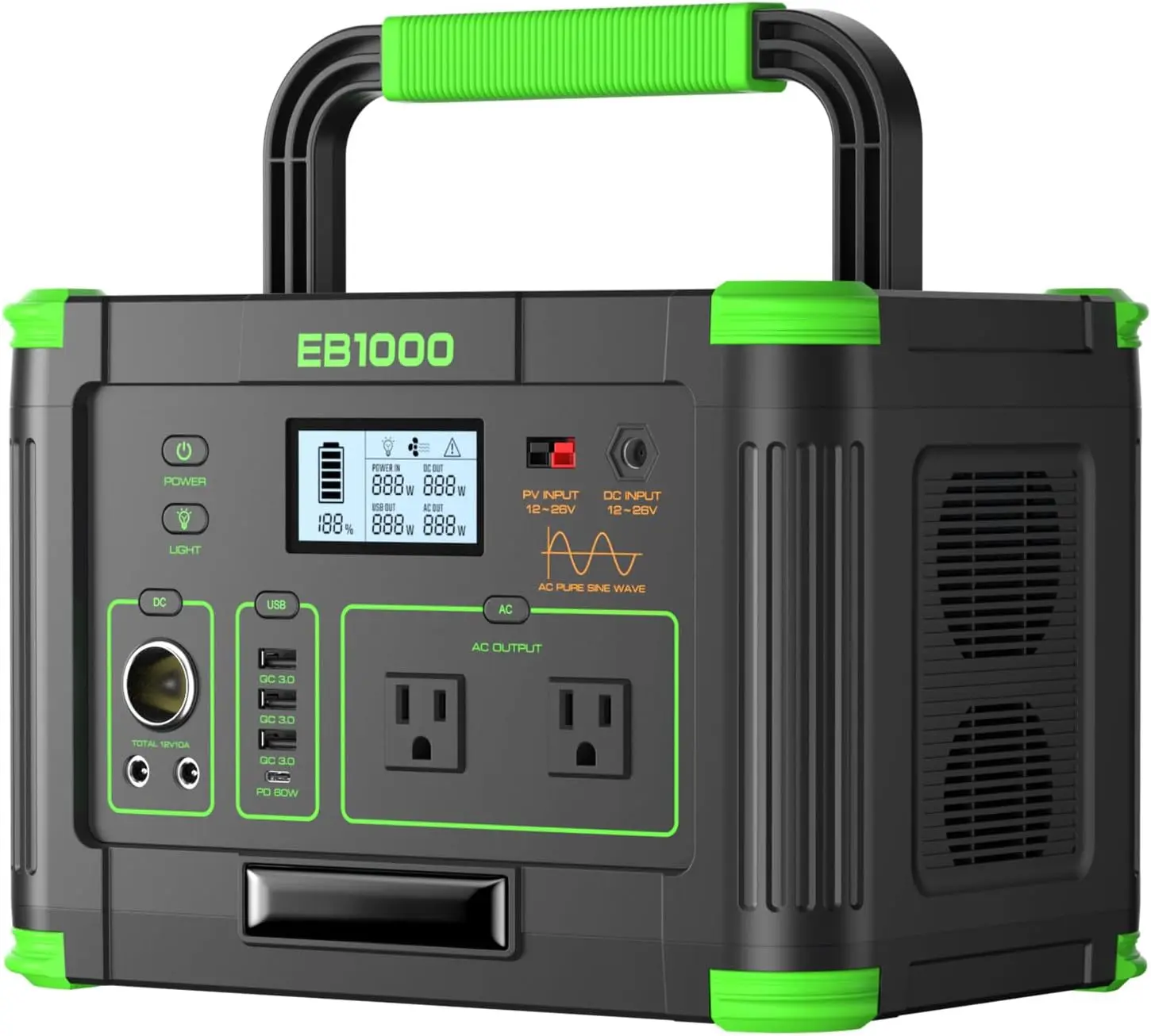 GRECELL 999Wh Solar Generator 1000W Portable Power Station for Outdoor | With 60W USB-C PD Output, 120V Pure Sine Wave AC Outlet Home Camping Travel Hunting Backup Lithium Battery (Peak 2000W)
