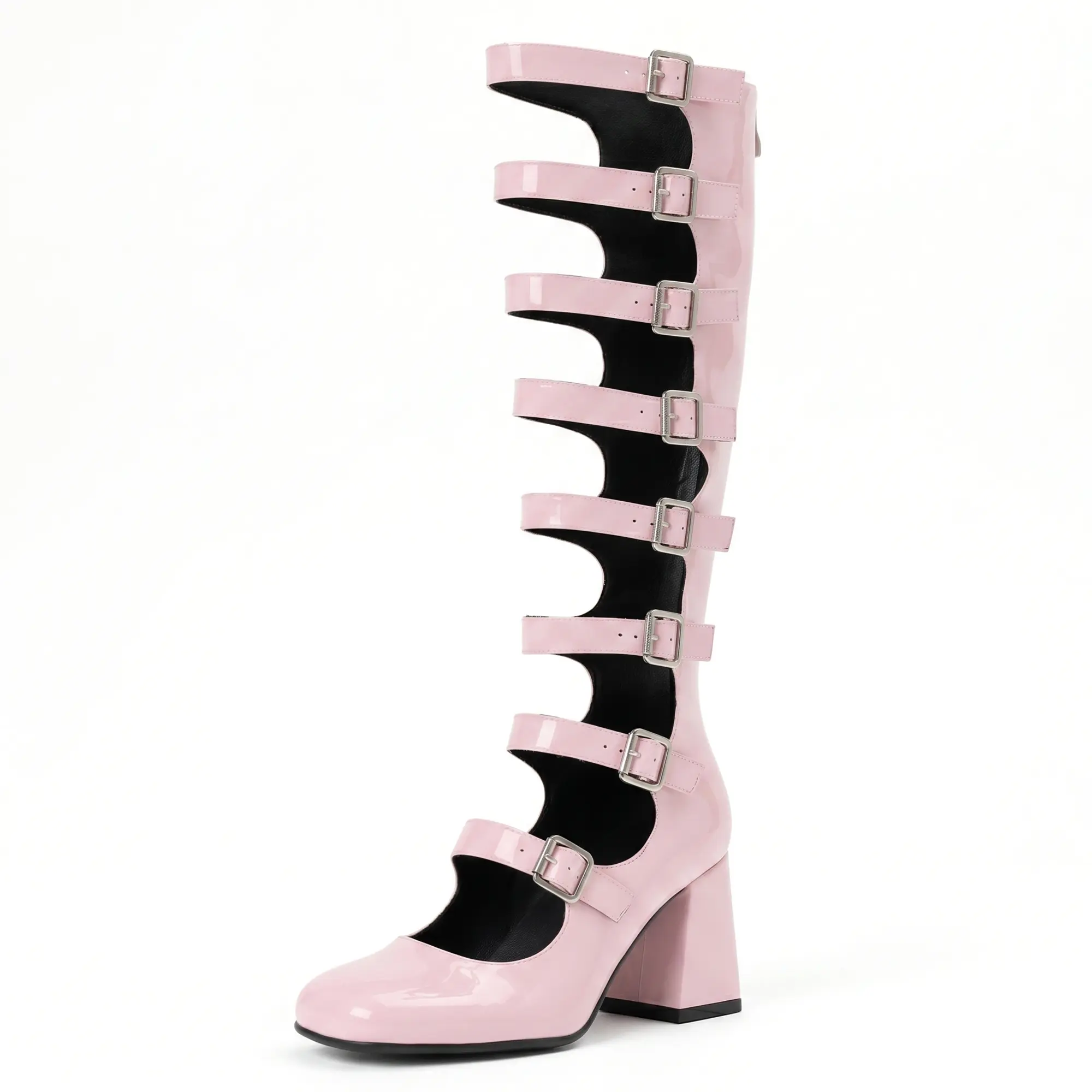 Women's Gothic Gladiator Knee-High Boots, Pastel Pink Patent Leather with Chunky Block Heels, Multiple Buckles, Cutouts, Comfortable Footwear for Alt Girls, Party, Halloween, Flexible, All Seasons, Breathable, Stain Resistant