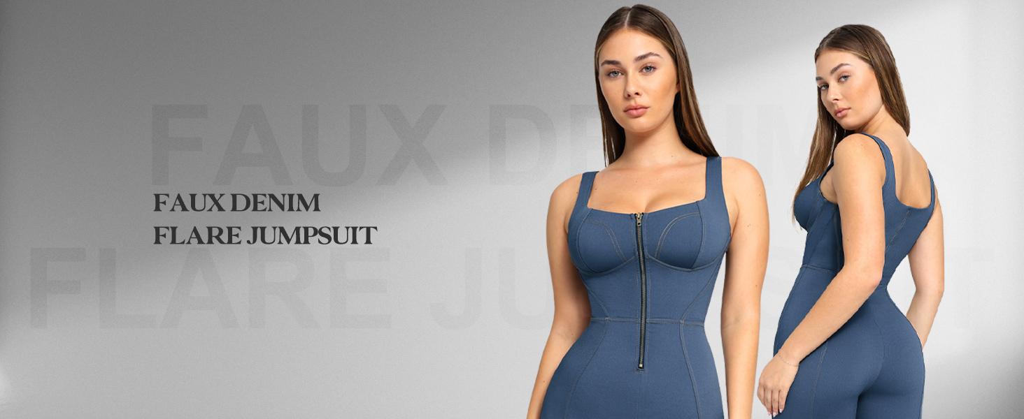 BRXL Faux Denim Jumpsuit for Women - Built-in Shapewear Tummy Control Bodycon Romper with Flared Legs & Bronze Zipper - Casual Fashion Bodysuit#Summervibes #beachoutfit, Lady