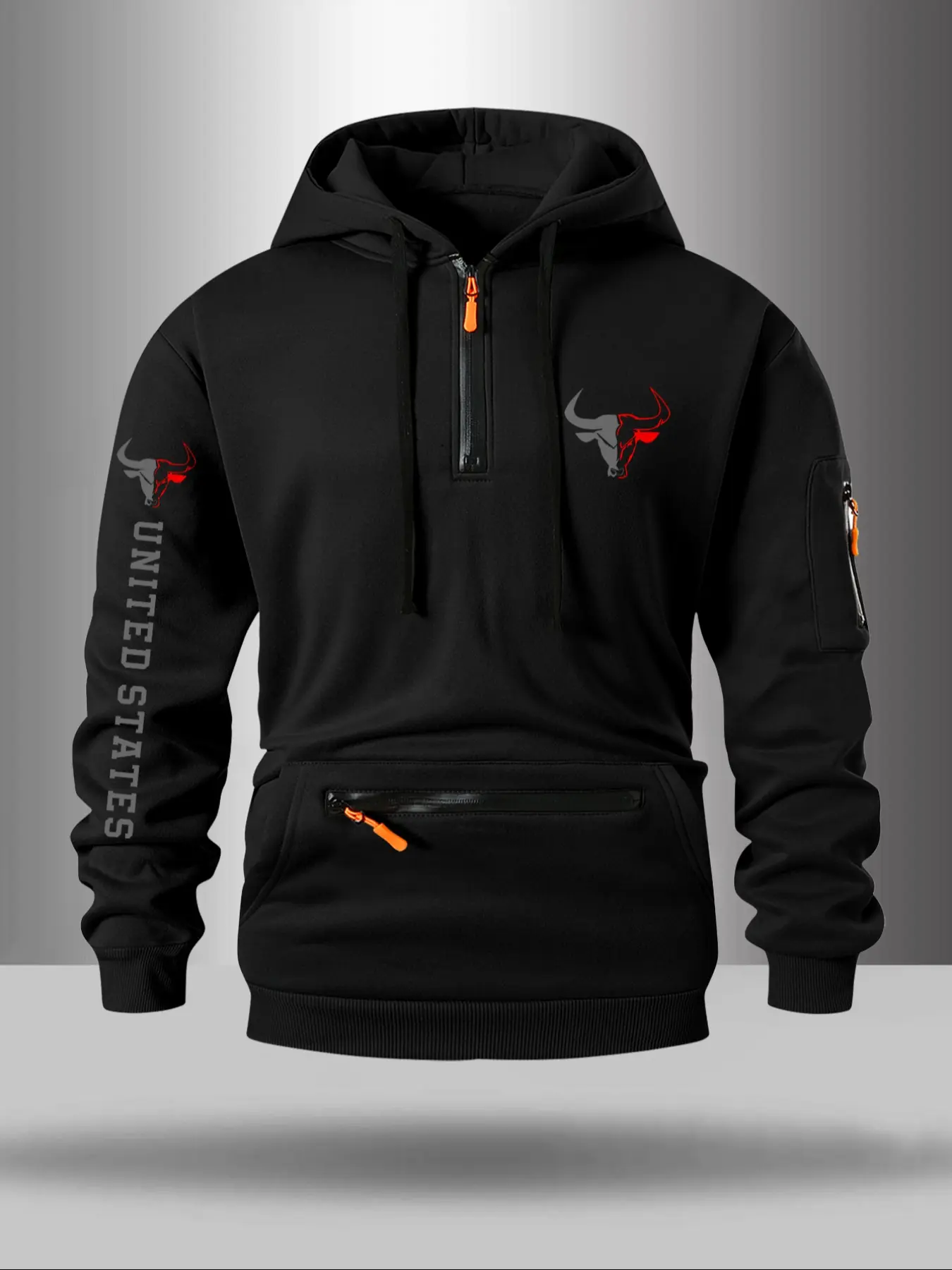 Men's Casual Letter Print Hoodie with Half-Zipper Design, Trendy Pocket Zipper Style, Available in Multiple Colors