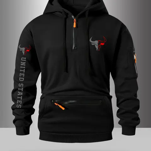 Men's Casual Letter Print Hoodie with Half-Zipper Design, Trendy Pocket Zipper Style, Available in Multiple Colors
