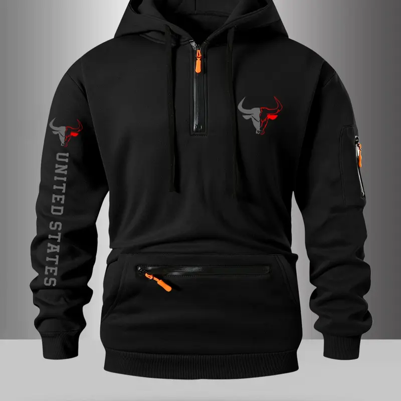 Men's Casual Letter Print Hoodie with Half-Zipper Design, Trendy Pocket Zipper Style, Available in Multiple Colors