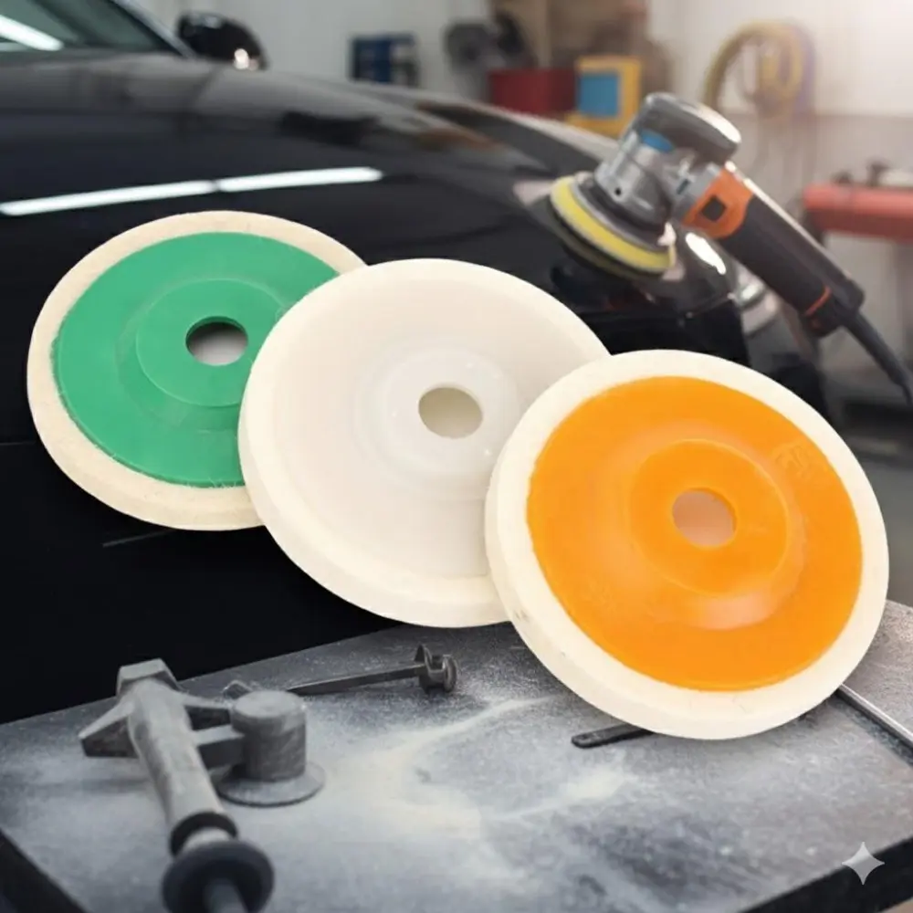 4-Inch Wool Polishing Wheel for Angle Grinder: Super Fine White, Medium Orange, Coarse Green Felt Pads. High Gloss Finish for Metal, Wood, Plastic. Durable and Easy to Install, Perfect for DIY and Professionals. Ideal for Auto Repair and Metalworking.