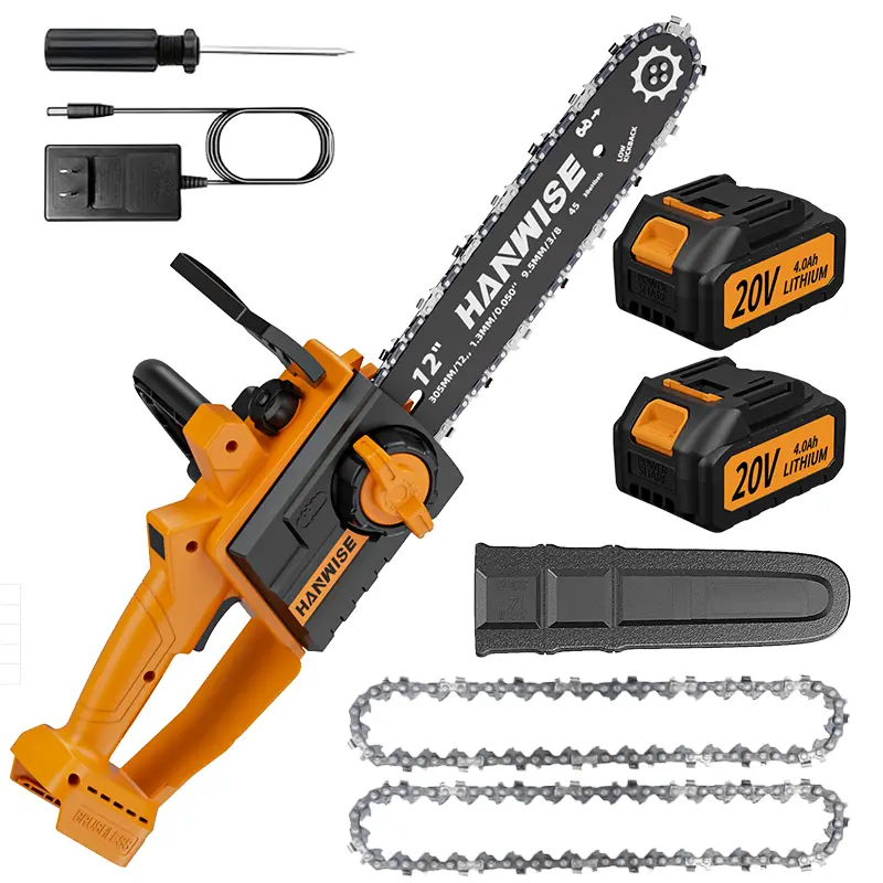 HANWISE 12-Inch Brushless Cordless Handheld Chainsaw, Rechargeable Electric Saw with High Torque Motor, Lightweight Anti-Slip Grip, Sharp Chain for Tree Trimming, Firewood Cutting