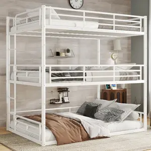 Full over Full over Full Triple Bunk Bed, Metal Heavy-Duty Bunk Bed with Safety Guardrails, Noise-Reduced Design, White Finish, for Kids Teens Adults, Durable Bed Frame for Bedroom, Guest Room, Dormitory, Bedroom Furniture for Bedroom