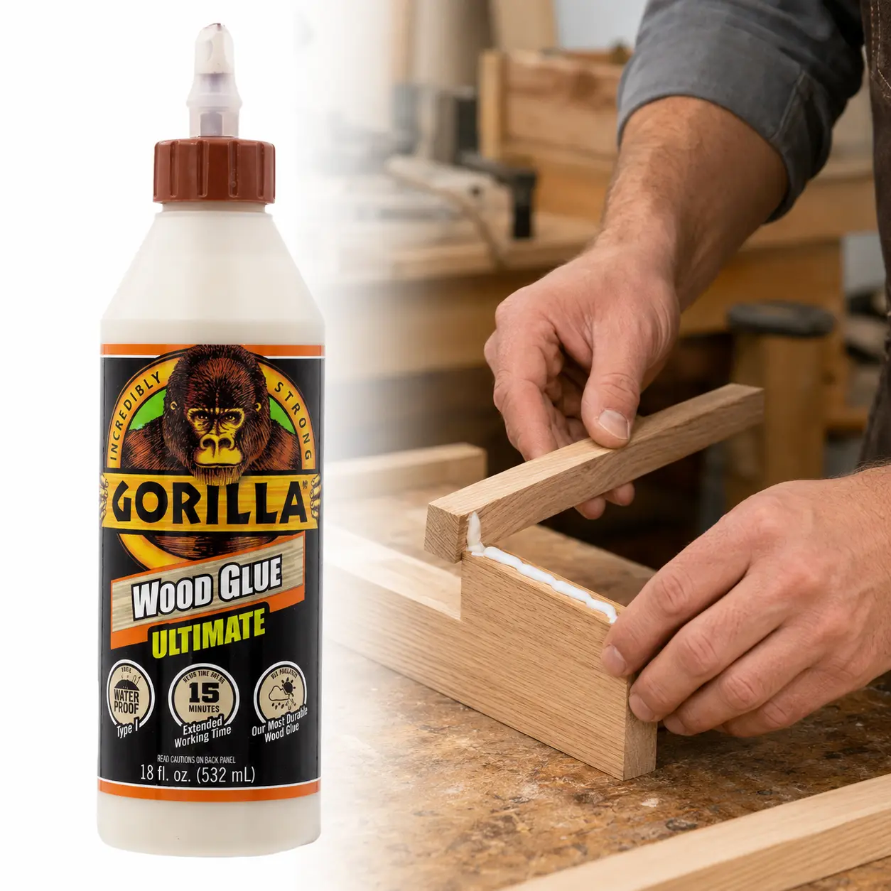 Gorilla 18 oz. Wood Glue Ultimate,100% waterproof,durable bond,15-minute working time,20-30 minute clamp,24-hour cure,easy cleanup,sandable,paintable,natural color,hardwood,softwood,wood composites,outdoor furniture,cabinets,chair joints,dowels,wood craft